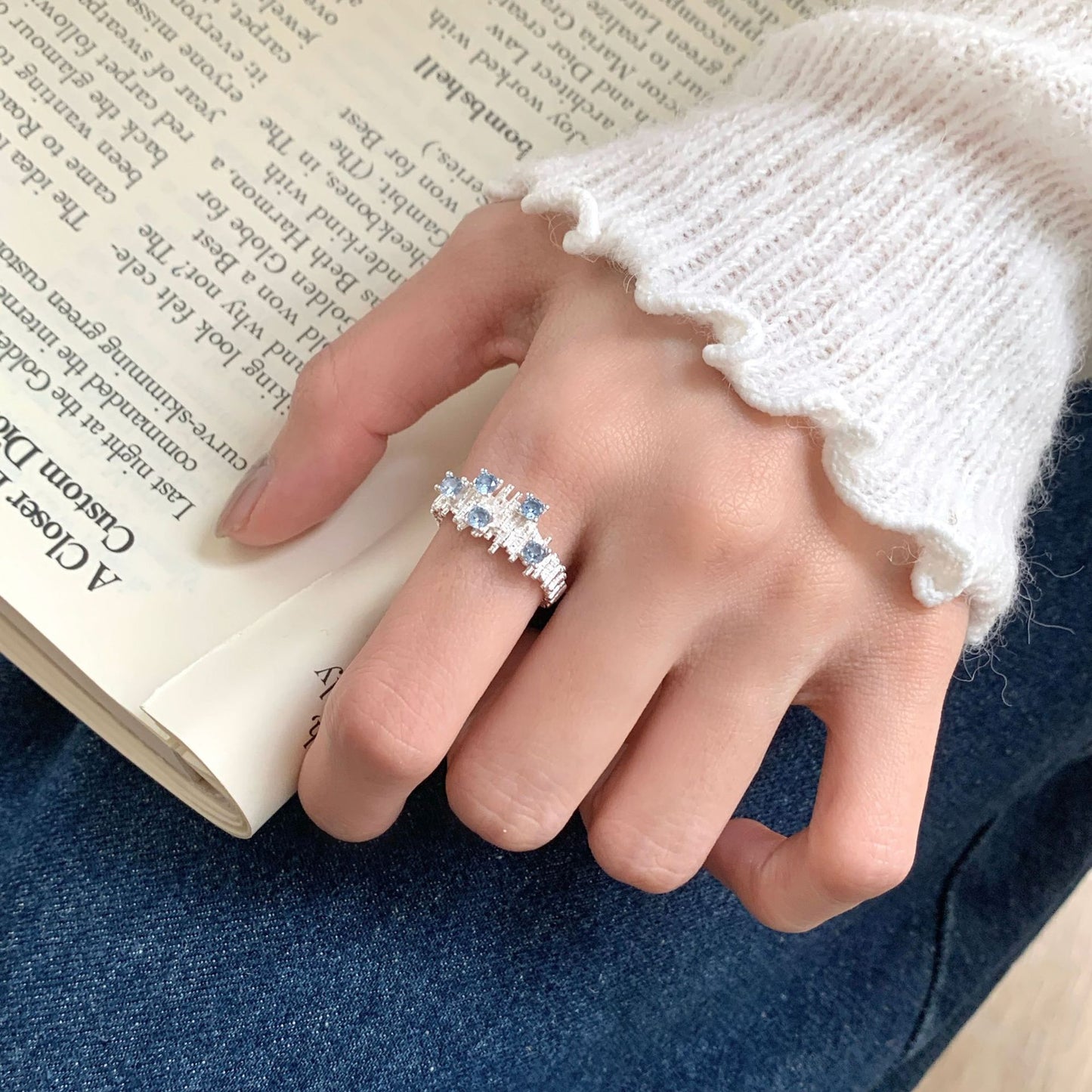 S925 Sterling Silver Aqua Blue Zircon Geometric Ring