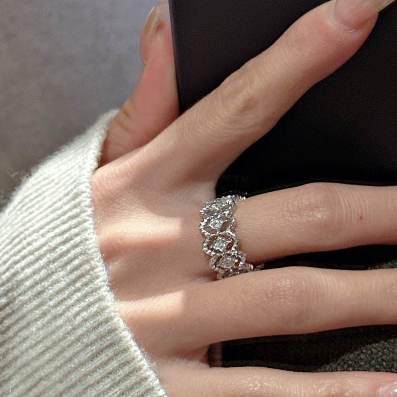 Sterling Silver Geometric Zircon Adjustable Ring