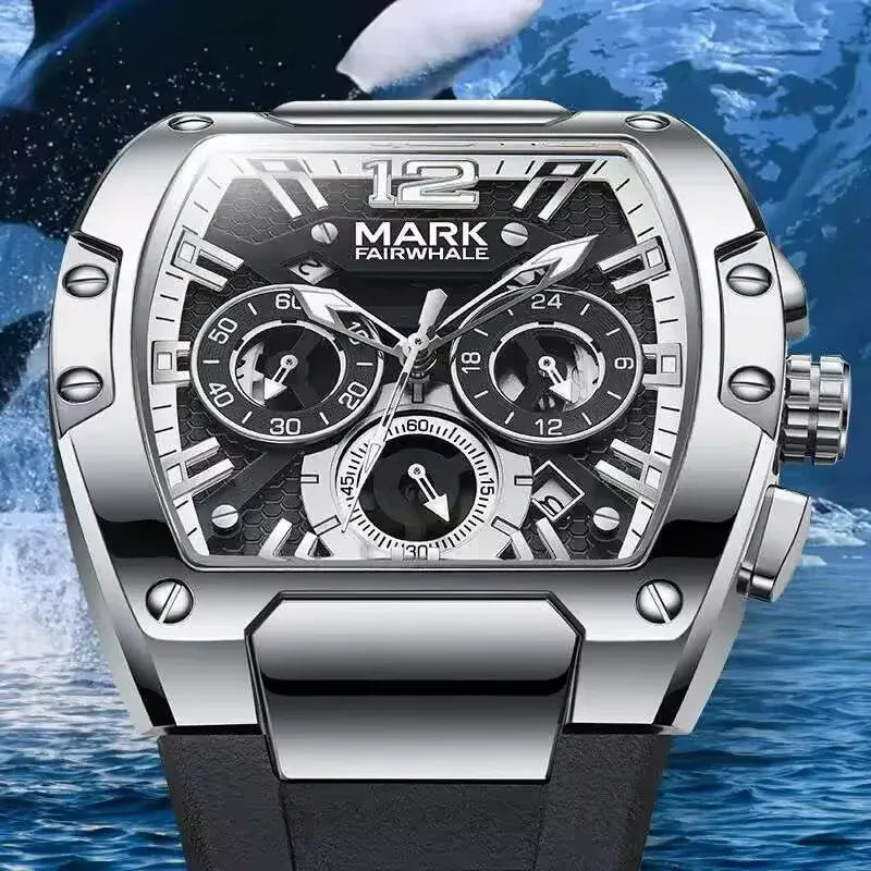 Mark Fairwhale Premium Barrel Watch for Men – Chronograph Quartz, Luminous Dial, Sport Luxury Design