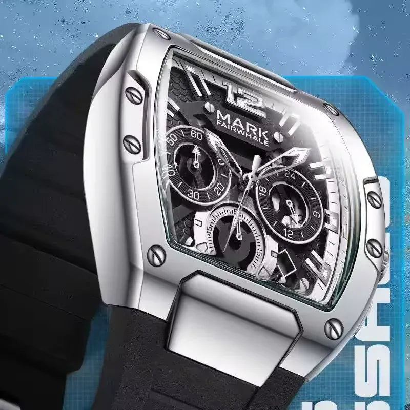 Mark Fairwhale Premium Barrel Watch for Men – Chronograph Quartz, Luminous Dial, Sport Luxury Design