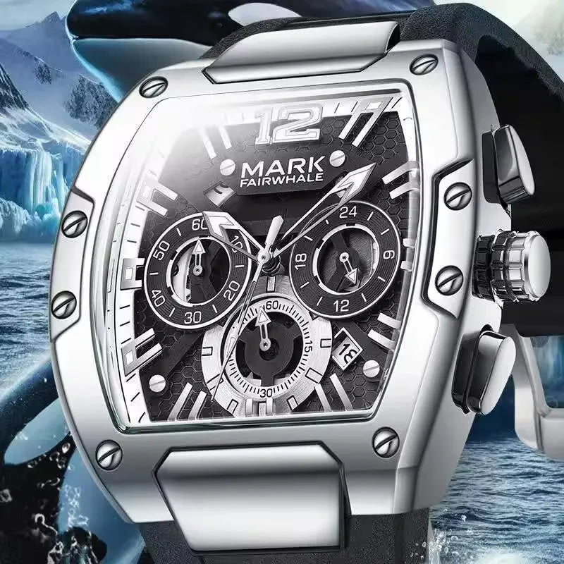 Mark Fairwhale Premium Barrel Watch for Men – Chronograph Quartz, Luminous Dial, Sport Luxury Design