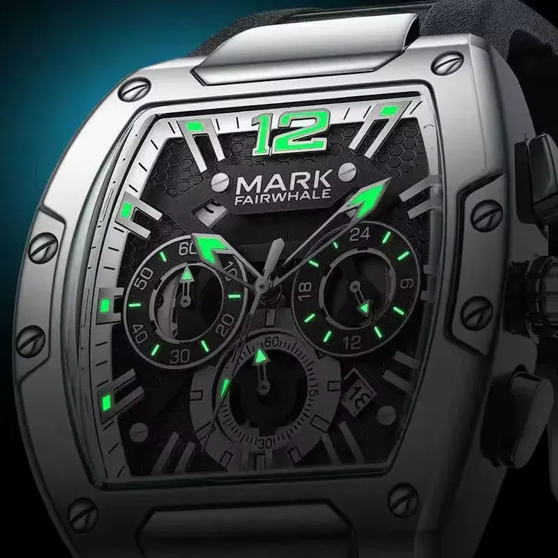 Mark Fairwhale Premium Barrel Watch for Men – Chronograph Quartz, Luminous Dial, Sport Luxury Design