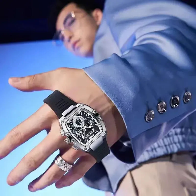 Mark Fairwhale Premium Barrel Watch for Men – Chronograph Quartz, Luminous Dial, Sport Luxury Design